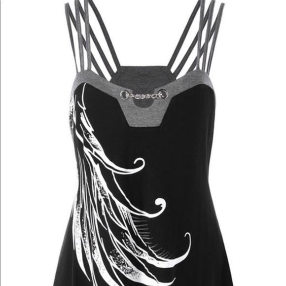 Tops - Strappy Tank Black w/White design w/chain detail